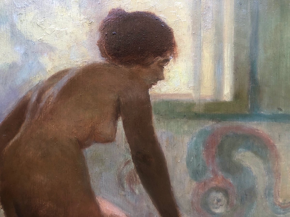 Femme Nue Au Bain, Huile Sur Bois, Début XX Siècle, Art Nouveau-photo-5