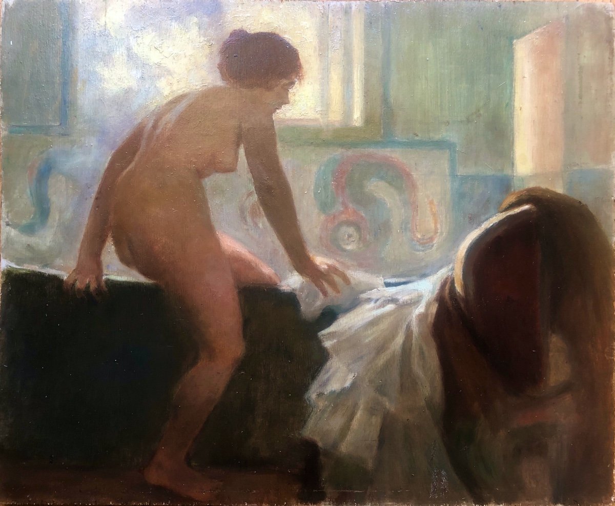 Femme Nue Au Bain, Huile Sur Bois, Début XX Siècle, Art Nouveau