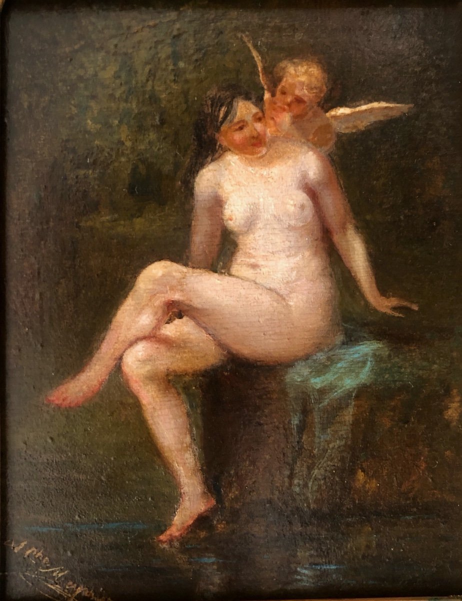 Cupidon Et Psyché, Huile Sur Bois Signée,  XIX Siècle-photo-2