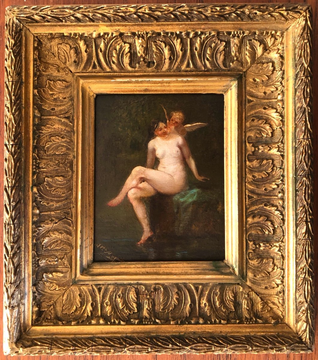 Cupidon Et Psyché, Huile Sur Bois Signée,  XIX Siècle