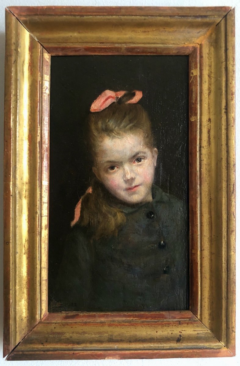 Portrait Of A Young Girl With A Pink Ribbon, 19th Century, Signature To Decipher-photo-2