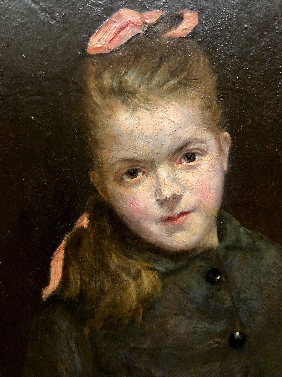 Portrait Of A Young Girl With A Pink Ribbon, 19th Century, Signature To Decipher-photo-1