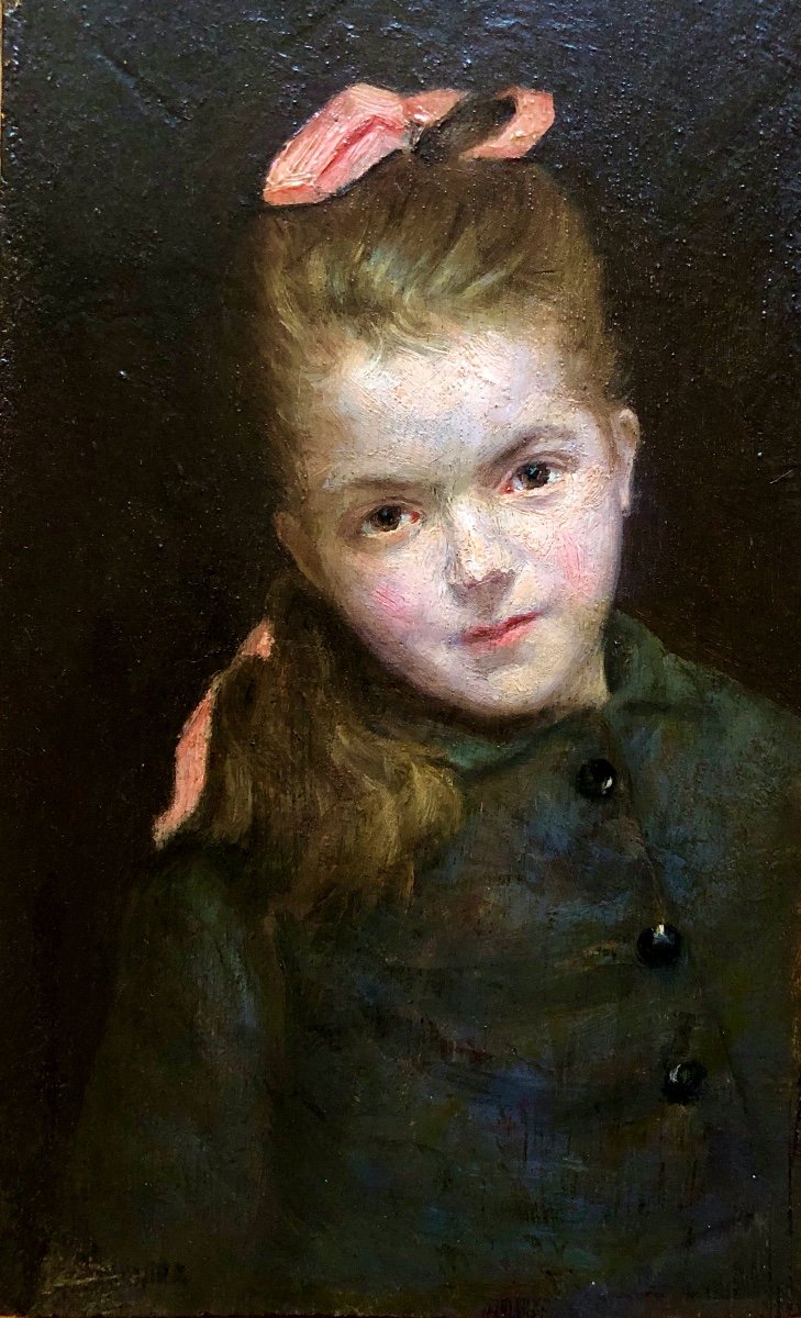 Portrait Of A Young Girl With A Pink Ribbon, 19th Century, Signature To Decipher-photo-2