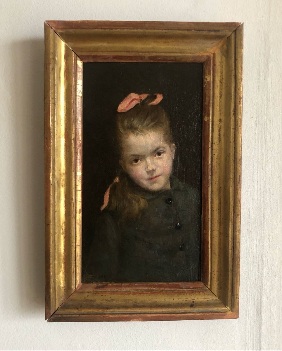 Portrait Of A Young Girl With A Pink Ribbon, 19th Century, Signature To Decipher