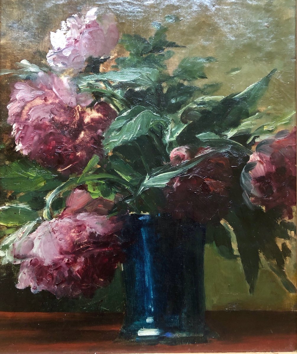 French School, Late 19th Or Early 20th Century, Composition Of Peonies, Oil On Canvas-photo-2