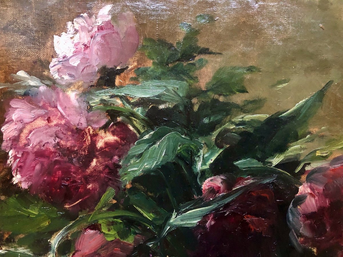 French School, Late 19th Or Early 20th Century, Composition Of Peonies, Oil On Canvas-photo-3