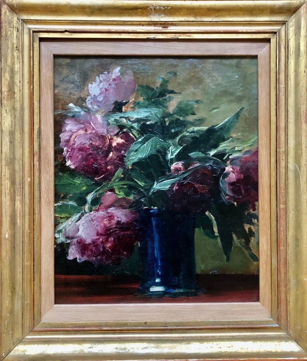 French School, Late 19th Or Early 20th Century, Composition Of Peonies, Oil On Canvas-photo-1