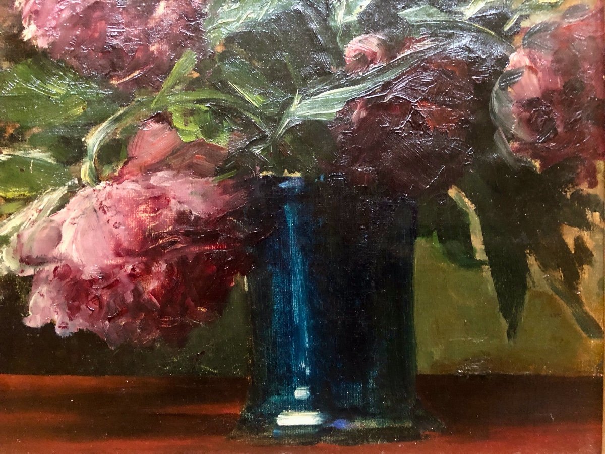 French School, Late 19th Or Early 20th Century, Composition Of Peonies, Oil On Canvas-photo-2