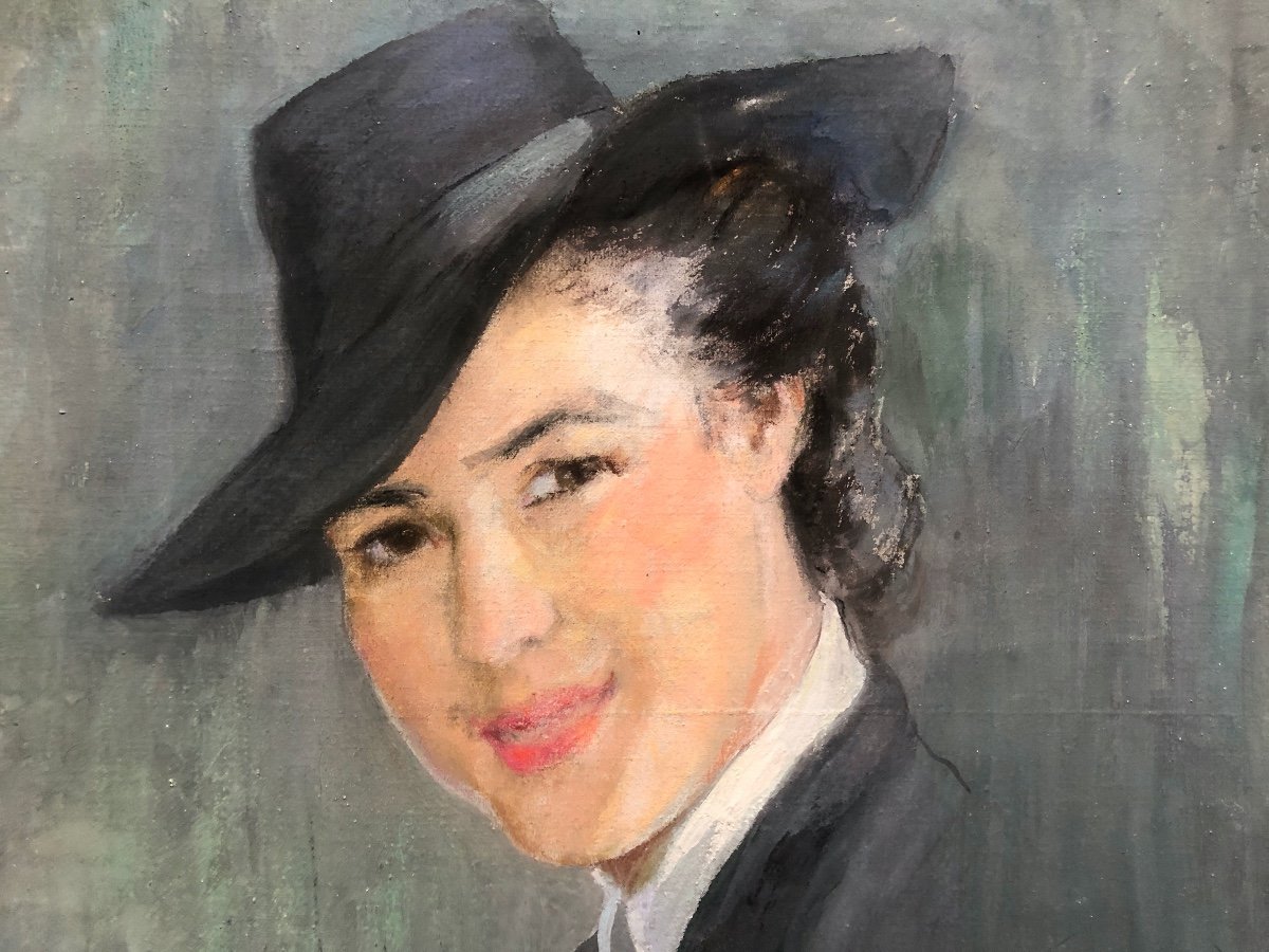 Josey Pillon (1876- ?) Portrait Of A Woman With A Hat, Art Deco-photo-2