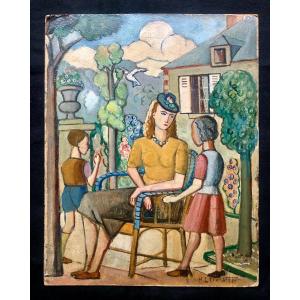 Henri Levasseur (1853-1934) Femme Et Enfants Dans Un Jardin 1933,  Art Déco