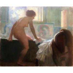 Nude Woman Bathing, Oil On Wood, Early 20th Century, Art Nouveau