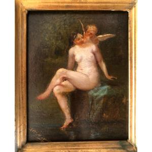 Cupid And Psyche, Oil On Wood Signed, 19th Century