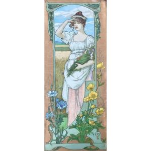 René Lelong (1871-1938) Art Nouveau Woman With Flowers, 1900