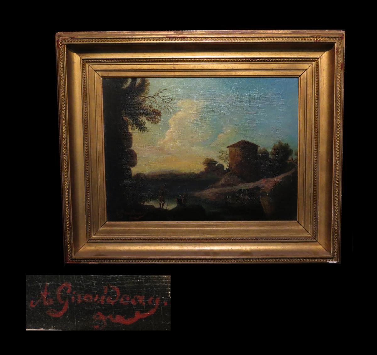 [italia?] [oil On Canvas Signed A. Giraudeau:] Lacustrine Landscape. C. 1830.-photo-2