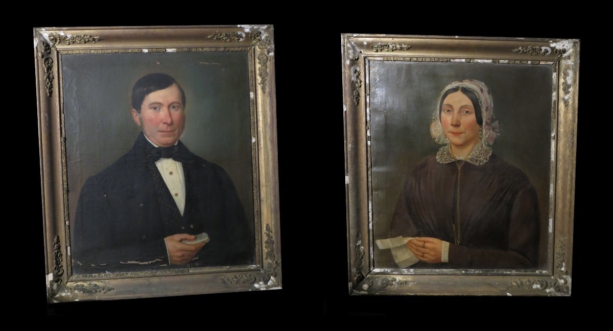 [hst Paire De Portraits XIXème Signés Et Datés 1845]. 61 X 53.-photo-2