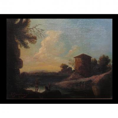 [italia?] [oil On Canvas Signed A. Giraudeau:] Lacustrine Landscape. C. 1830.