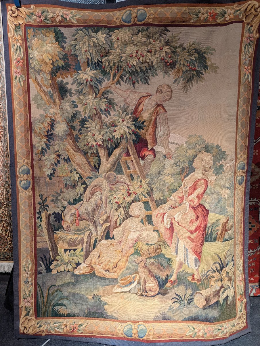 Door 19th Century Aubusson Tapestry "cherry Picking"-photo-4