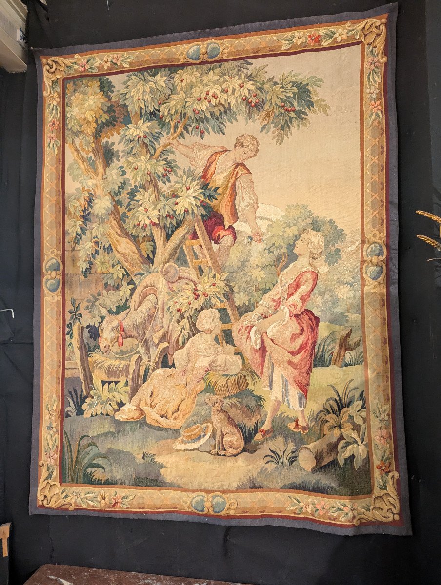 Door 19th Century Aubusson Tapestry "cherry Picking"