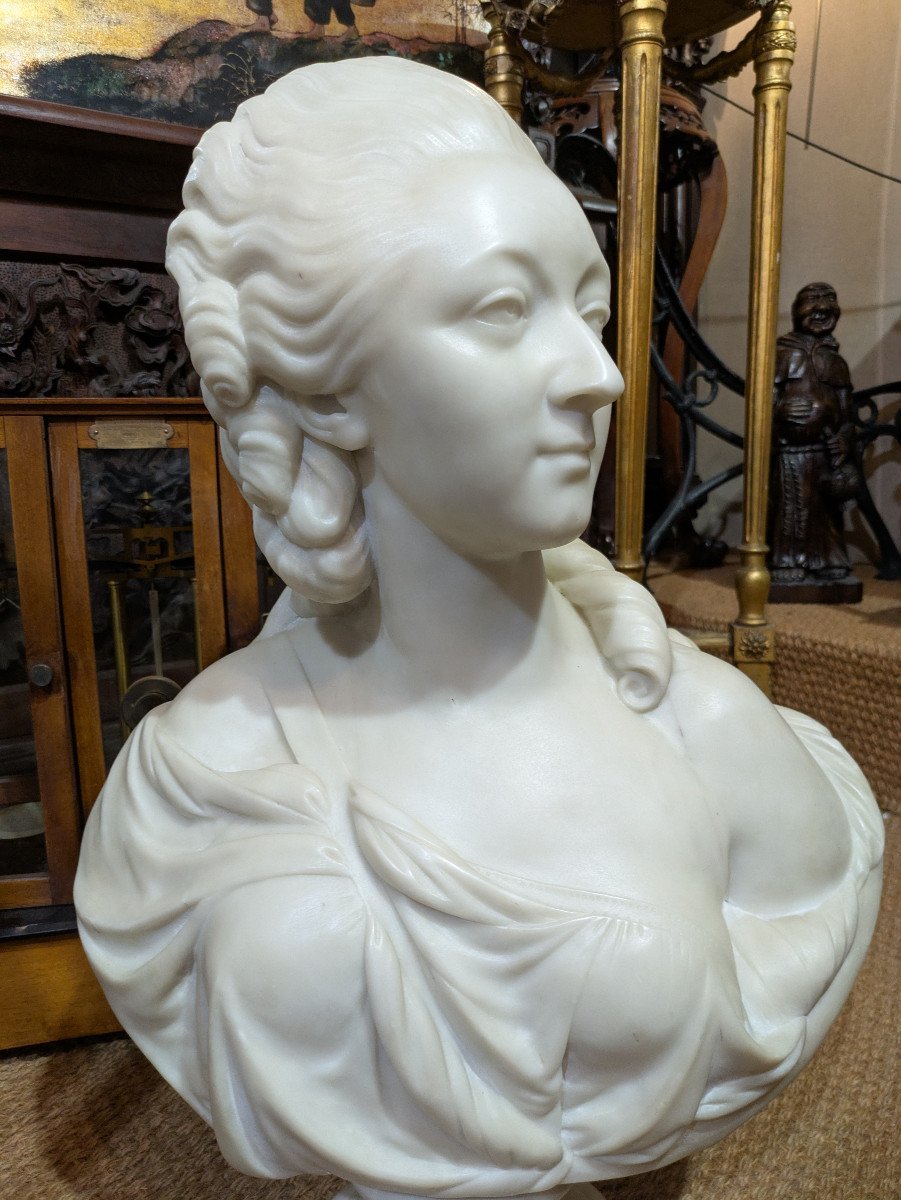 Large Carrara Marble Bust Of The "comtesse Du Barry" After Pajou-photo-4