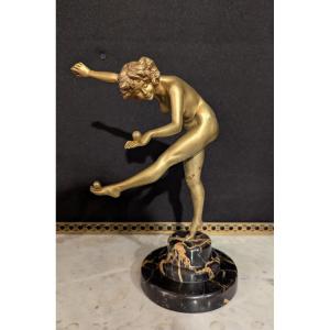 Sculpture En Bronze Doré De Colinet "la Danseuse Aux Balles"