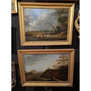 Pair Of Oils On Wood - 19th Century Countryside Landscapes