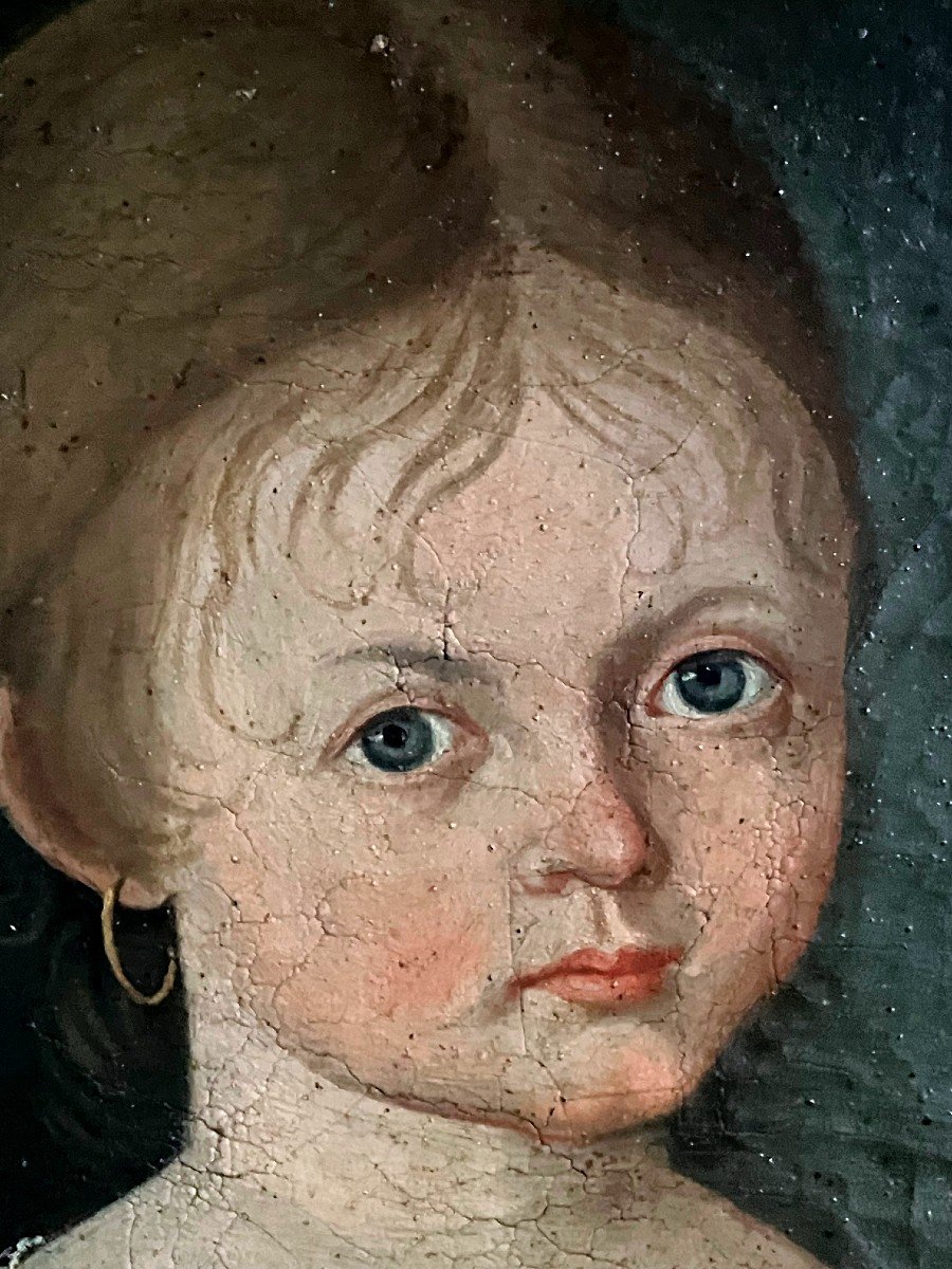 Old Painting Portrait Of A Little Girl With A Basket Of Fruit Directoire Period-photo-1