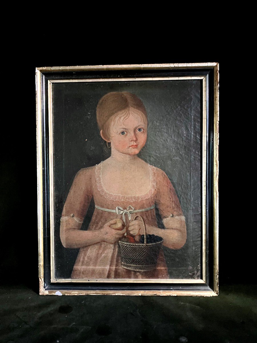 Old Painting Portrait Of A Little Girl With A Basket Of Fruit Directoire Period-photo-3