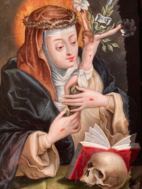 Flemish School, Saint Mary Magdalene De Pazzi Penitent, Circa 1700 (3 Copper Italy Skull Vanity)-photo-2