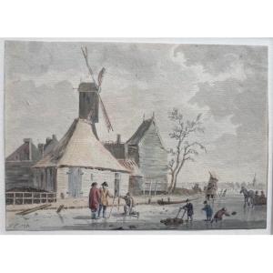 Hendrik Tavenier, Scène de patinage près d'un moulin à vent, 1775  (# école Hollandaise, XVIIIe)