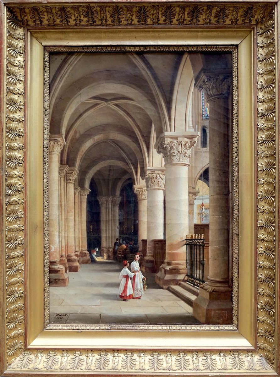 Alexis Milon (1784 – After 1858) - Interior View Of Saint-germain-des-prés, Paris - Oil