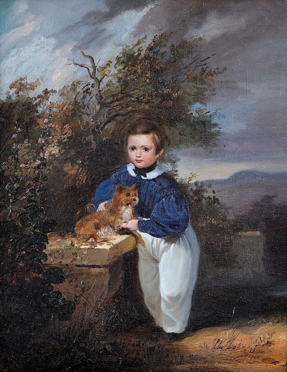 Théophile Charon-Lémérillon (1807–1873) - Portrait en pied d’un enfant avec son chien - Huile-photo-2