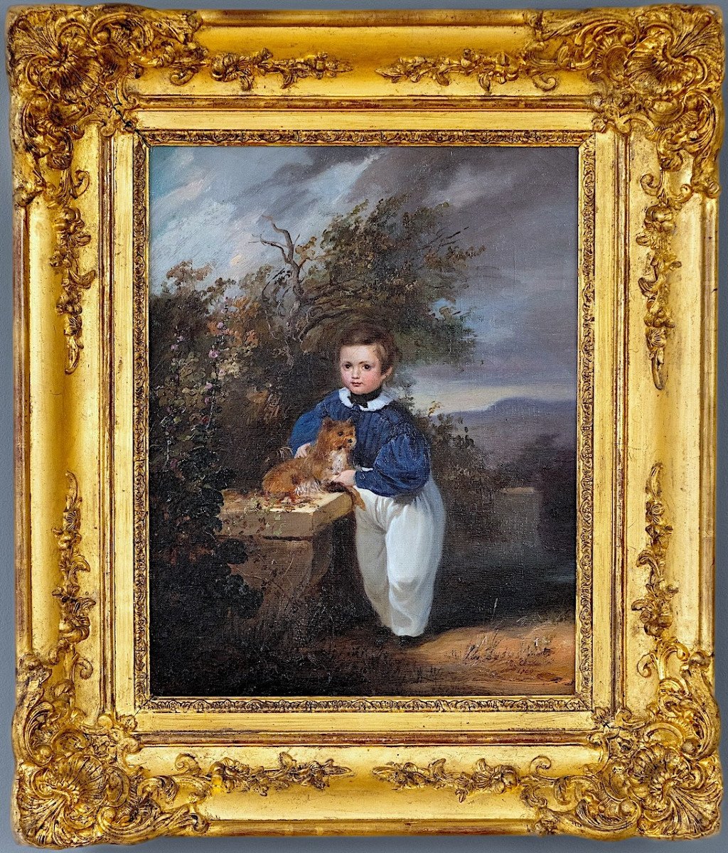 Théophile Charon-Lémérillon (1807–1873) - Portrait en pied d’un enfant avec son chien - Huile