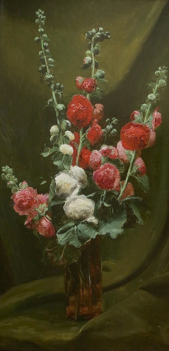 Eugène Petit (1838–1886) - Bouquet Of Hollyhocks - Oil-photo-2