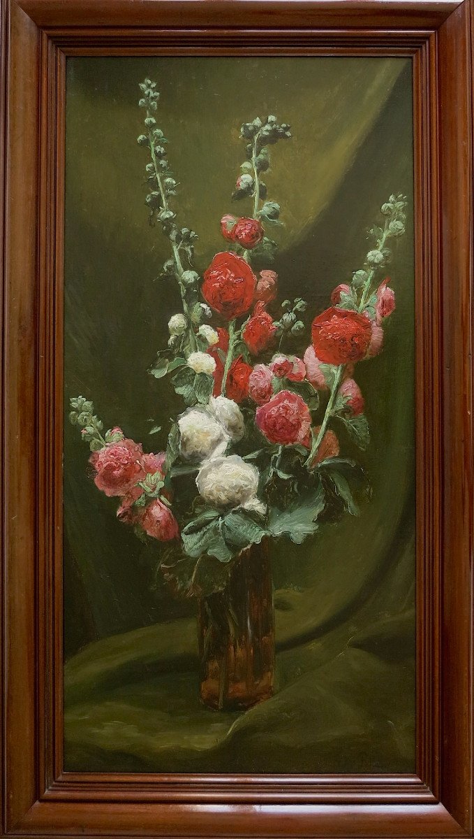 Eugène Petit (1838–1886) - Bouquet de roses trémières - Huile