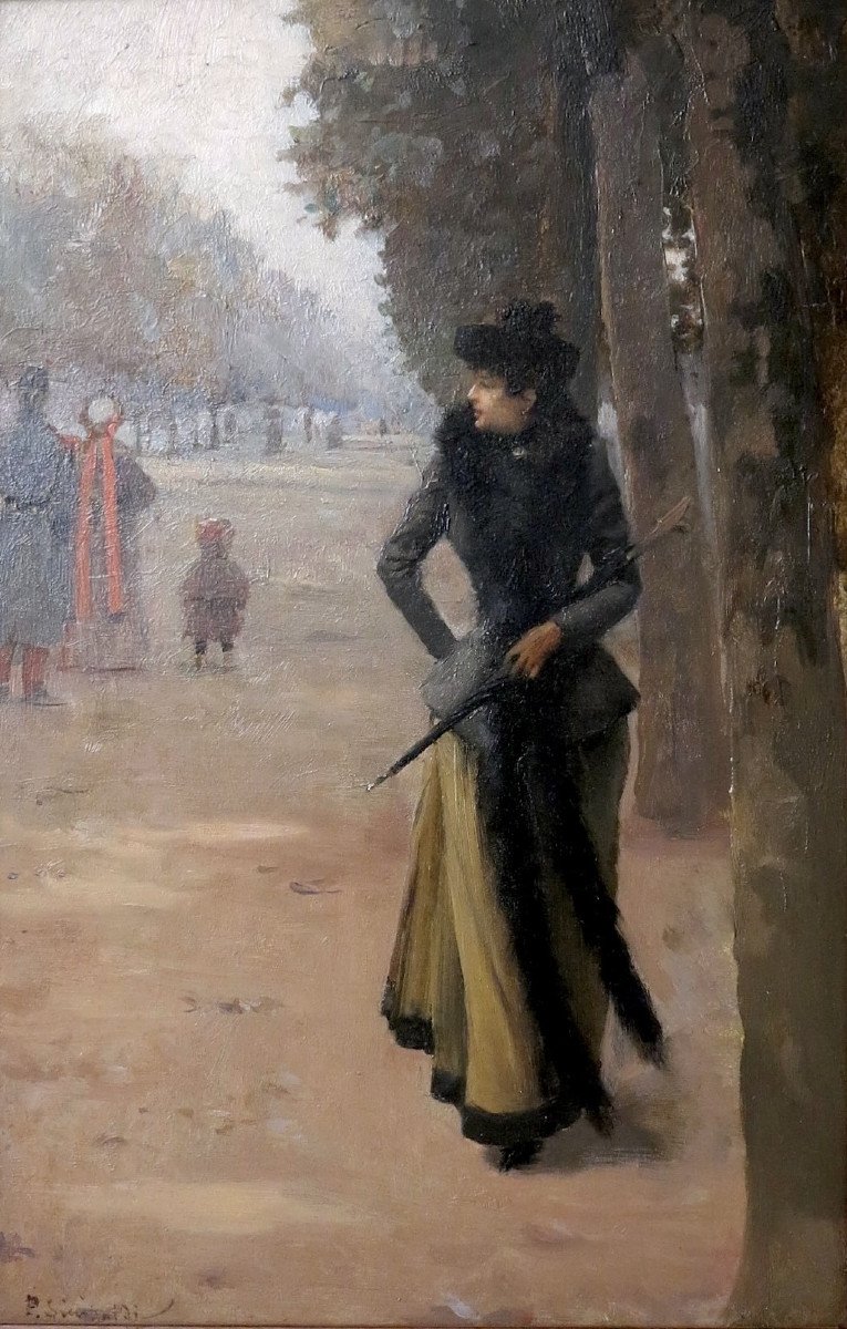 Paul Sinibaldi (1857–1909) - Élégante parisienne déambulant dans un jardin public - Huile -photo-2