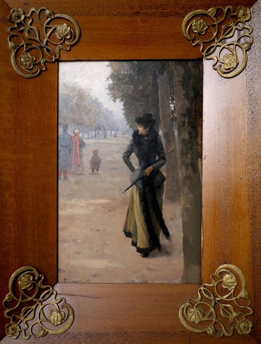 Paul Sinibaldi (1857–1909) - Élégante parisienne déambulant dans un jardin public - Huile 