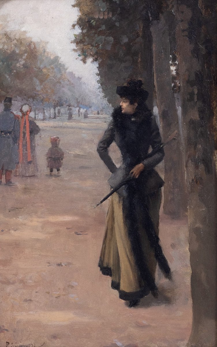 Paul Sinibaldi (1857–1909) - Elegant Parisian Woman Strolling In A Public Garden - Oil-photo-2