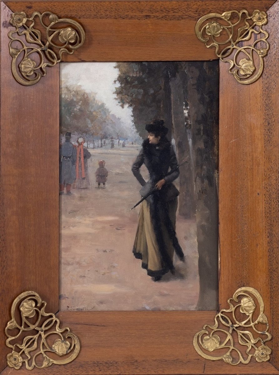 Paul Sinibaldi (1857–1909) - Elegant Parisian Woman Strolling In A Public Garden - Oil