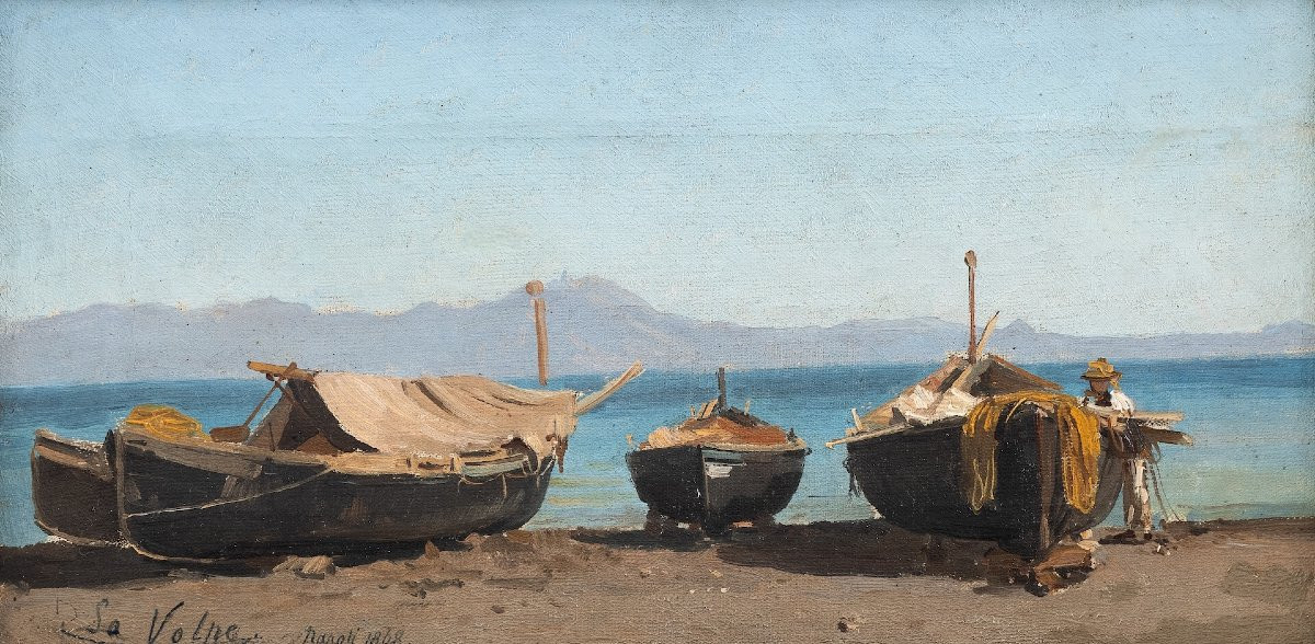 Alessandro La Volpe (1820–1887) - Boats On The Shore, Naples 1868 - Oil-photo-2