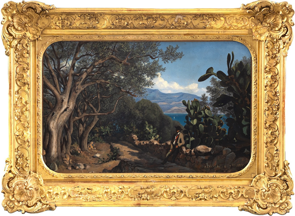 Charles Desprez (1818–1898) -  Vue prise aux environs d’Ajaccio, Corse - Huile sur papier