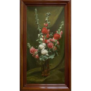 Eugène Petit (1838–1886) - Bouquet de roses trémières - Huile