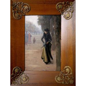 Paul Sinibaldi (1857–1909) - Élégante parisienne déambulant dans un jardin public - Huile 