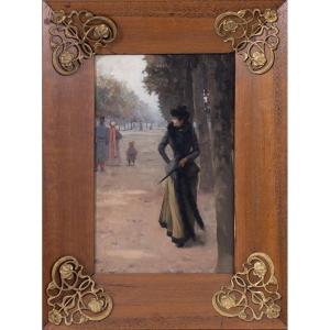 Paul Sinibaldi (1857–1909) - Élégante parisienne déambulant dans un jardin public - Huile