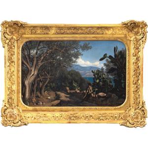 Charles Desprez (1818–1898) -  Vue prise aux environs d’Ajaccio, Corse - Huile sur papier