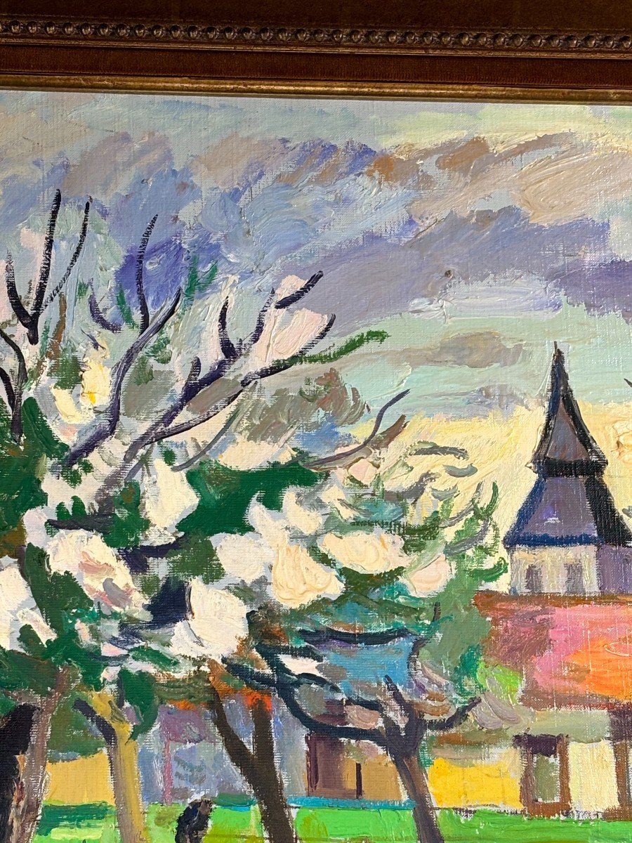 Oil On Canvas By Franck Innocent (1912-1983). Spring In Heudebouville, 1978.-photo-4