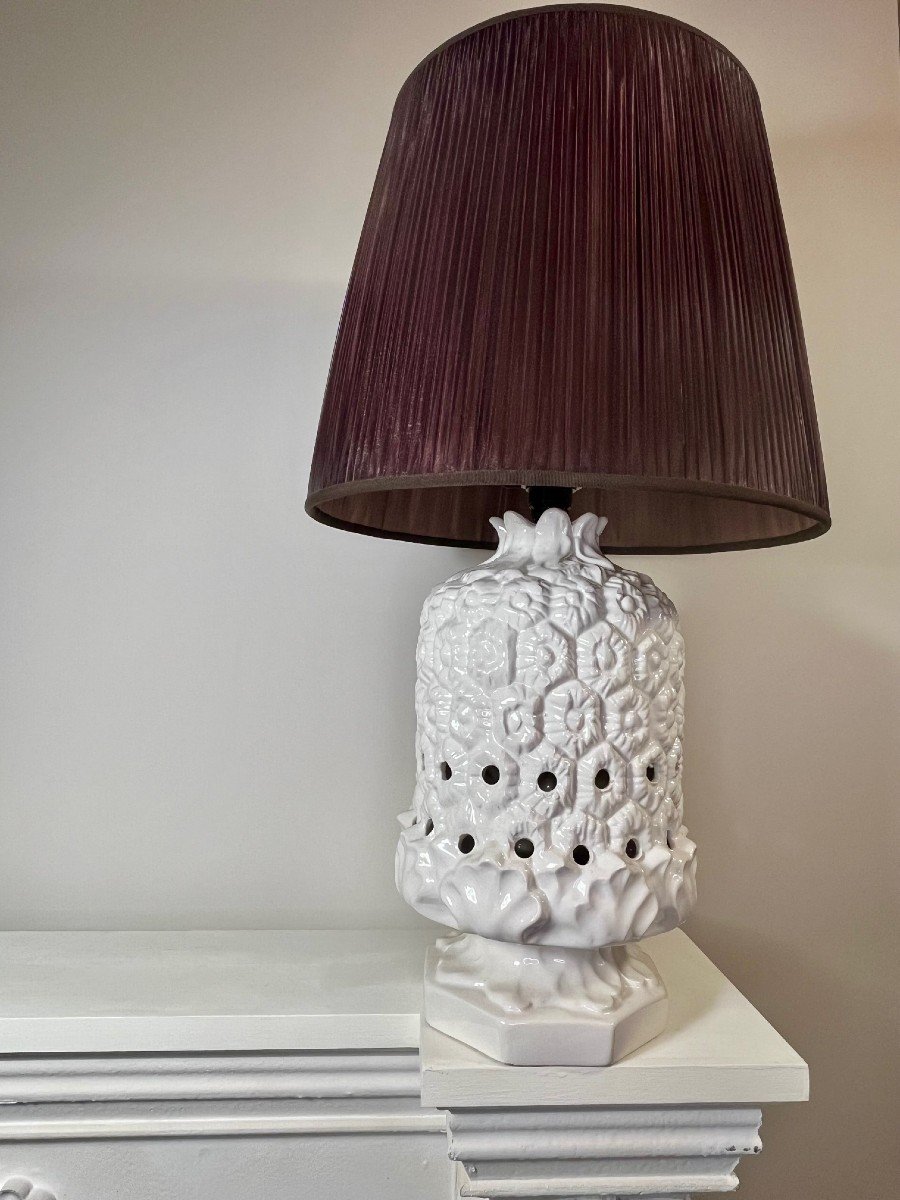 Large Pineapple Lamp In Ivory-colored Openwork Ceramic, Italy, 1970s-photo-3