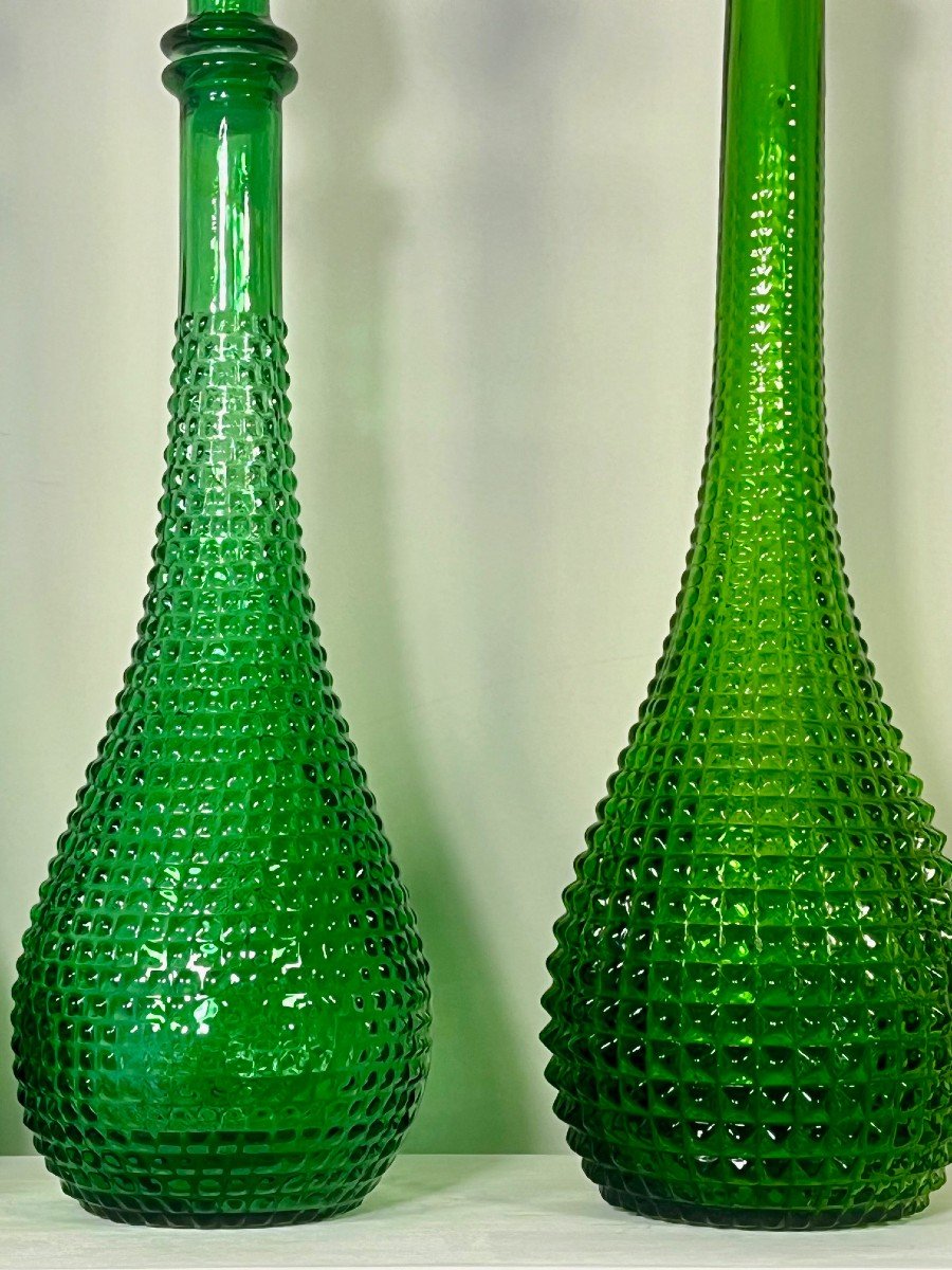 Une carafe Verte Italienne Par Empoli, Pointes De Diamant Avec Bouchons Flamme, Années 70-photo-3