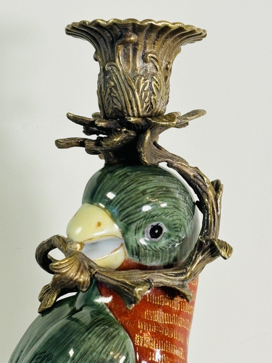 Pair Of Porcelain And Bronze Candlesticks Figuring Two Parrots, Wong Lee Manufacture-photo-2