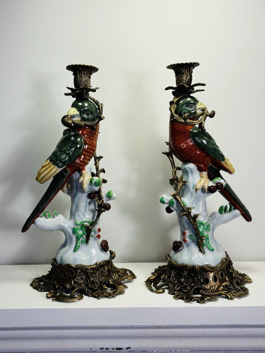 Pair Of Porcelain And Bronze Candlesticks Figuring Two Parrots, Wong Lee Manufacture