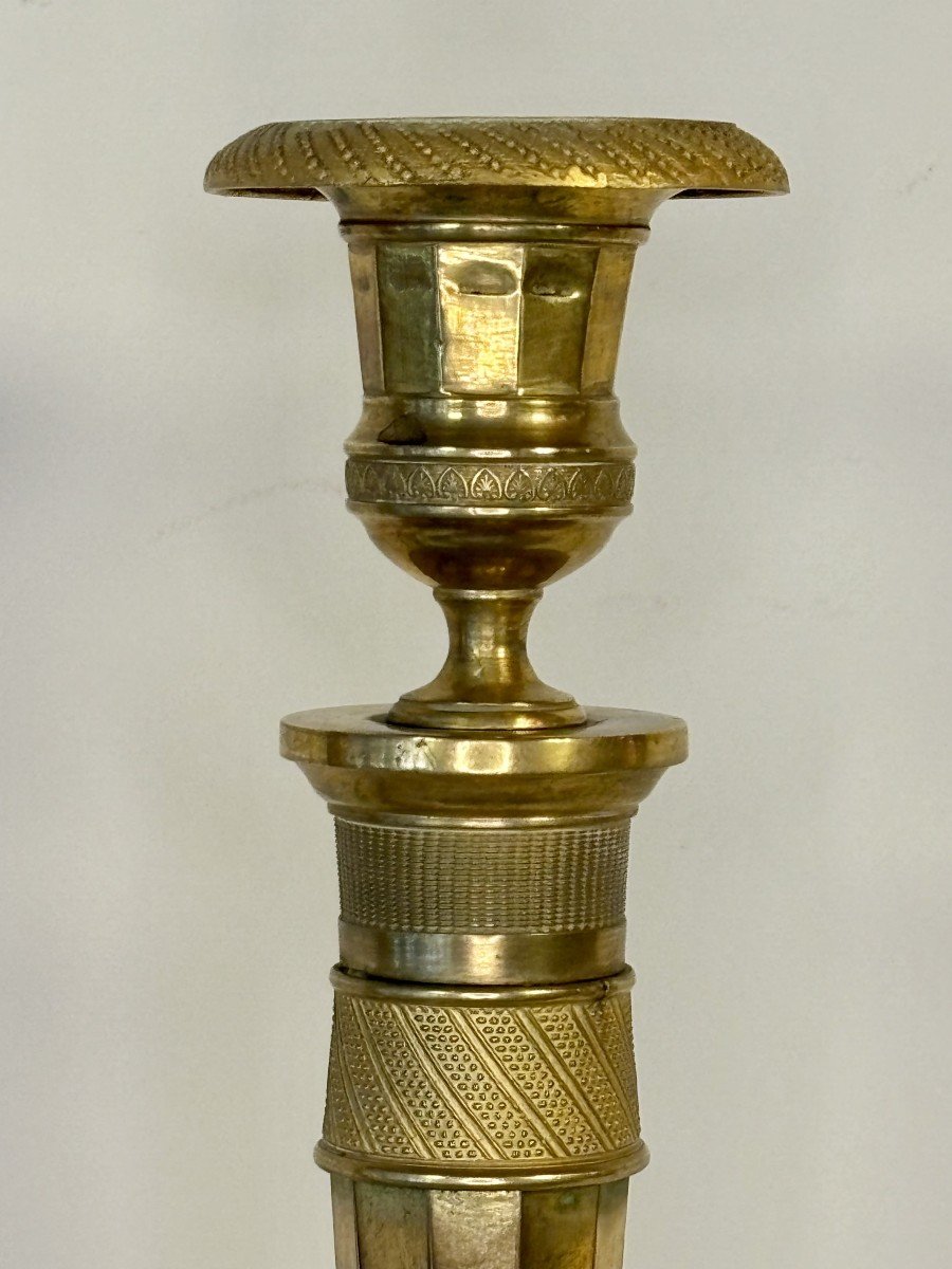 Pair Of Candlesticks With Quiver In Gilt Bronze, Circa 1800-1830-photo-1